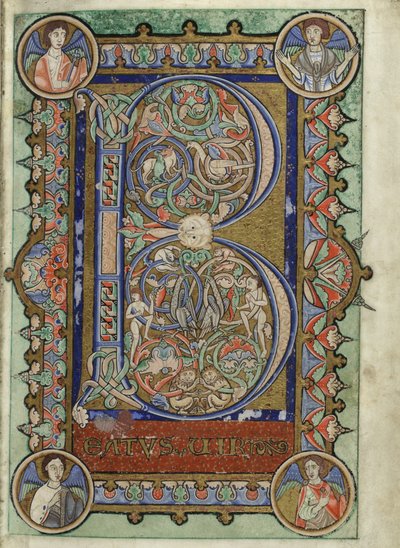 MS Hunter 229 f.22r from the Hunterian Psalter, c.1170 (ベラム紙にペンとインク、テンペラ) 作： English School