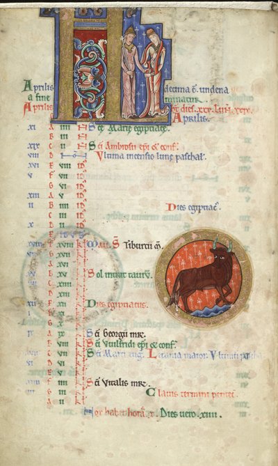 MS Hunter 229 f.2v April、Hunterian Psalter から、1170 年頃 (ペンとインク、ベラム紙にテンペラ) 作： English School