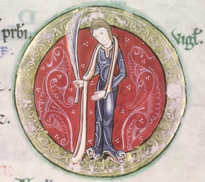 MS Hunter 229 f.4v Virgo、Hunterian Psalter から、1170 年頃 (ベラム紙にペンとインク、テンペラ) (詳細) 作： English School