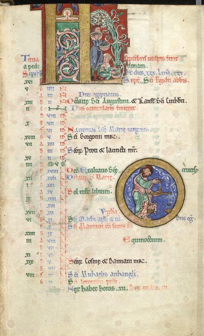 MS Hunter 229 f.5r 9月、Hunterian Psalter、1170年頃（ペンとインク、ベラムのテンペラ）から 作： English School
