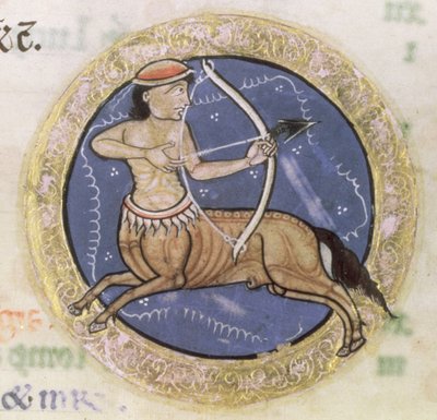MS Hunter 229 f.6r Sagittarius、Hunterian Psalter、1170 年頃 (ベラム紙にペンとインク、テンペラ) (詳細) 作： English School