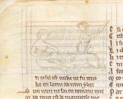 MS McClean 123 f.40v 1280年から1300年頃の『ナニートン書』に収録された、処女の膝の上に裸で横たわるユニコーンを狩人が捕まえる様子を描いた細密画の下絵（羊皮紙にインク）（418062の詳細 作： English School