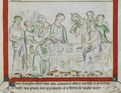MS Royal 2 BVII、f.43 ペリシテの饗宴でのサムソンとデリラの出会い、「女王メアリー詩篇」の詳細 作： English School