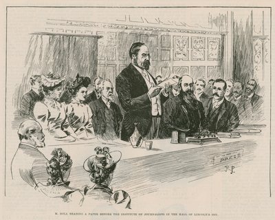 Mエミールゾラがロンドンのリンカーンズインのホールで研究所の前で論文を読んでいる 作： English School