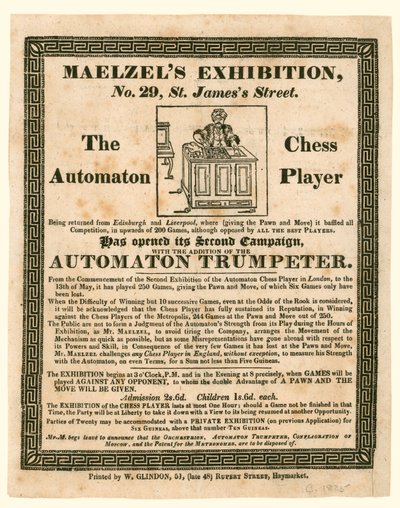 Maelzels Exhibition、29 St Jamess Street、オートマトンチェスプレイヤー、c 1825 作： English School