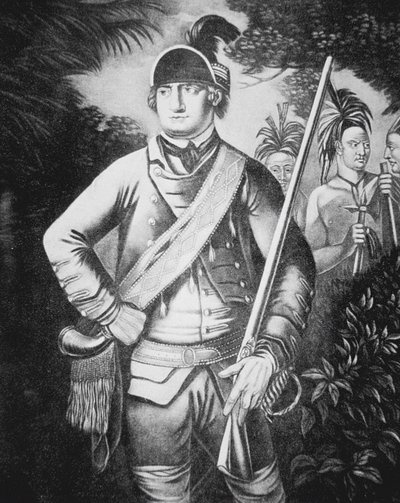 1755-63年のフレンチ・アンド・インディアン戦争でイギリス軍の「ロジャース・レンジャー」の司令官だったロバート・ロジャース少佐（リトグラフ）。 作： English School
