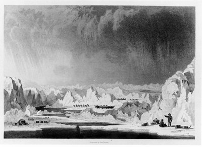 エドワード・フィンデン（1791-1857）によって刻まれた、ウィリアム・パリーによる北極に到達しようとする試みの物語からのイラスト、氷のハンモックを通してボートを操る男は1828年に出版された（bw ph 作： English School