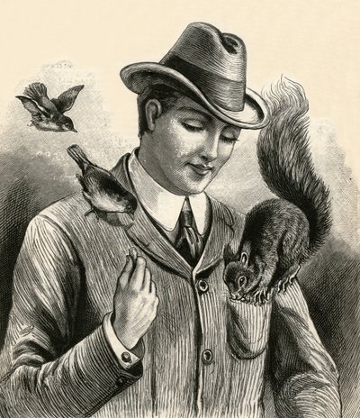 リスと鳥に餌をやる男 作： English School