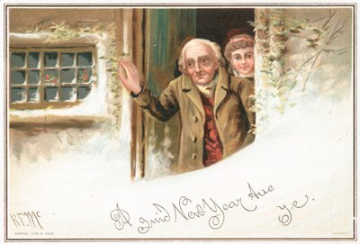 男と女の雪、年賀状で正面玄関の外を見て 作： English School