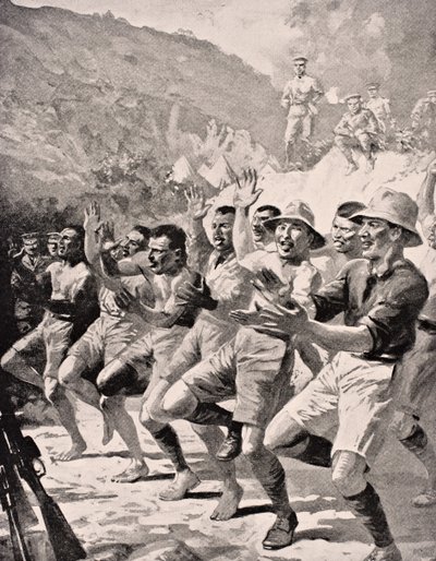 1915年にロンドンで出版された「The War Illustrated Album deLuxe」から、1915年にガリポリ半島トルコのガバテペでマカオの兵士がハカを演じます。 作： English School