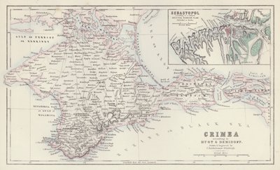 地図：エジンバラのJ・バーソロミューが作図し、エングレーヴィングしたヒュオとデミドフによるクリミア；ベルリンで出版されたロシアの縮小原図によるセバストポリ（カラー・リト刷り） 作： English School