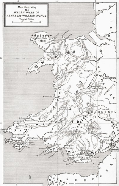 ウィリアムルーファスとヘンリー1世のウェールズ戦争を描いた地図（JRグリーンの「イギリス人の短い歴史」より）、1893年発行 作： English School