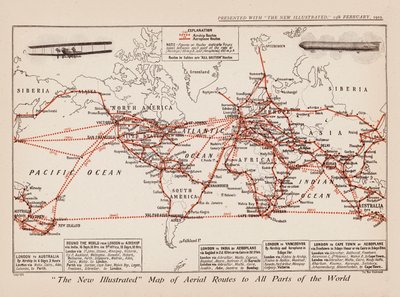 世界各地への航空路線図（カラーリトグラフ） 作： English School