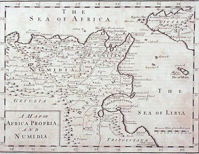 アフリカ・プロプリアとヌミディア（現在のチュニジアとアルジェリア）の地図 18世紀後半（彫刻） 作： English School