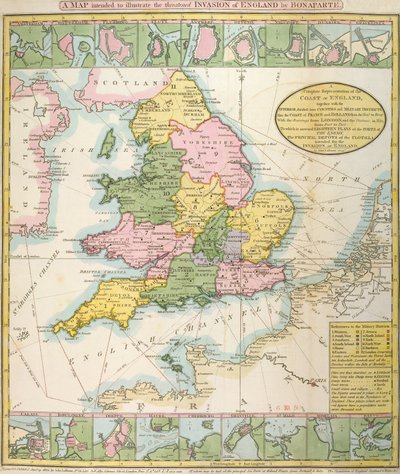 ナポレオン・ボナパルト（1769-1821）による1803年の脅迫された侵略を示す英国の地図（カラーリソ） 作： English School