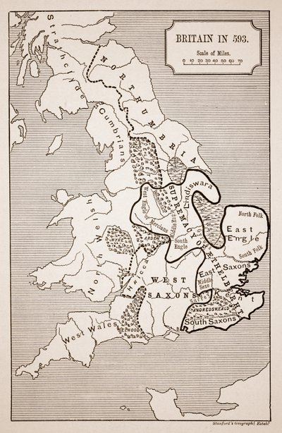 593年のイギリスの地図、スタンフォード地理機関によって印刷 作： English School