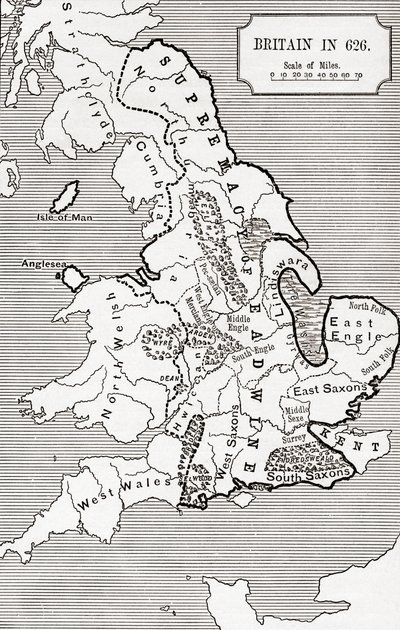 ノーサンブリア王国588から685までの626年のイギリスの地図、JRグリーンの「イギリス人の短い歴史」、1893年発行 作： English School