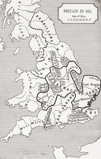 ノーサンブリア王国588から685までの634年のイギリスの地図 作： English School