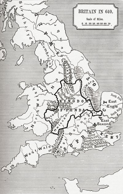 JRグリーンによる「イギリス人の短い歴史」のノーサンブリア王国からの640年のイギリスの地図、1893年公開 作： English School