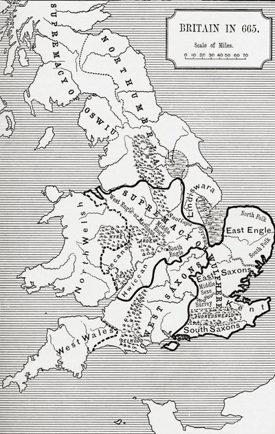 1859年に発行されたJRグリーンの「イギリス人の短い歴史」のノーサンブリア王国588から685までの665年のイギリスの地図 作： English School