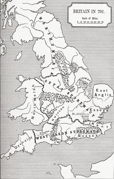 JRグリーンが発行した「イギリス人の短い歴史」（1893年）の3つの王国685から828までの792年のイギリスの地図 作： English School
