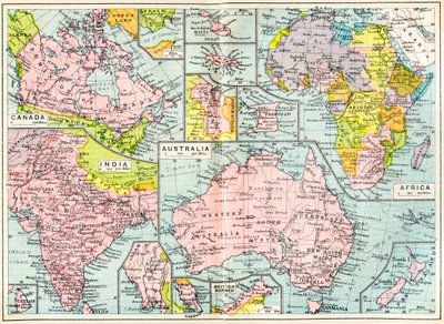 第一次世界大戦が勃発した1914年のイギリス領の地図（The British Empire Universities Modern English Illustrated Dictionary, pub.1914より）。 作： English School