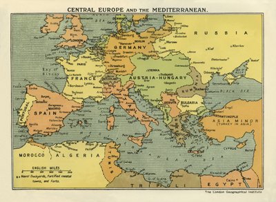 中央ヨーロッパと地中海の地図、「ヨーロッパ大戦史第3巻」より（印刷物） 作： English School