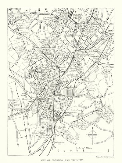 クロイドンとその周辺の地図（エングレーヴィング） 作： English School