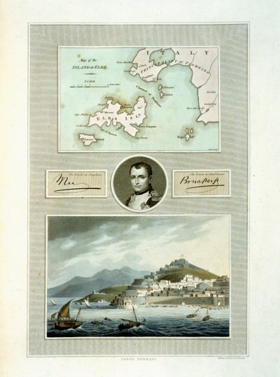 エルバの地図とポルトフェッライオの眺め、ナポレオンの肖像画と彼の署名のファクシミリ、1815年（カラー彫刻） 作： English School
