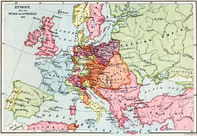 ルネヴィルの平和後のヨーロッパの地図、1801年、JRグリーンの「イギリス人の短い歴史」から出版、1893年 作： English School