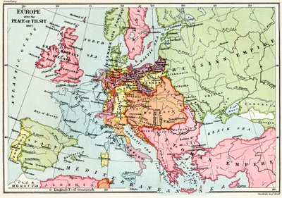 1807年のティルシット平和後のヨーロッパの地図、JRグリーンの「イギリス人の短い歴史」から出版、1893年 作： English School