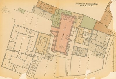 1750年頃のロンドン、ギルドホールとその周辺の地図 作： English School