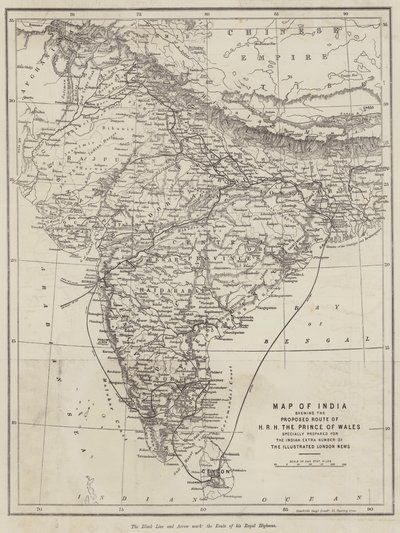 プリンス・オブ・ウェールズ号のルートを示したインドの地図（彫刻 作： English School