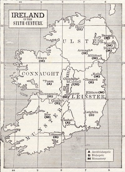 6世紀のアイルランドの地図、 『イギリスの教会：国民のための歴史』、1910年頃出版 作： English School