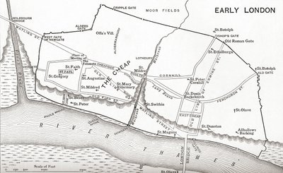 11世紀のロンドンの地図、JRグリーンの「イギリス人の短い歴史」から出版、1893年 作： English School
