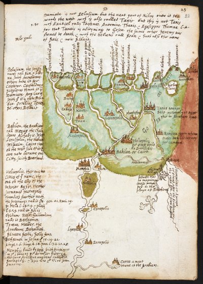 下エジプトの地図、サー・ウォルター・ローリーのノート（1552-1618）、1606-08年頃（紙にペンとインク） 作： English School