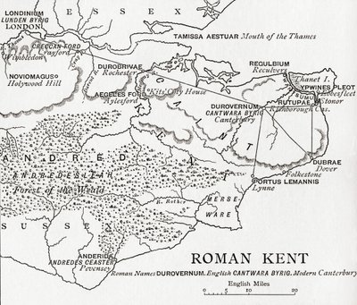1823年に発行された、JRグリーンの「イギリス人の短い歴史」からのイギリスのローマンケントの地図 作： English School