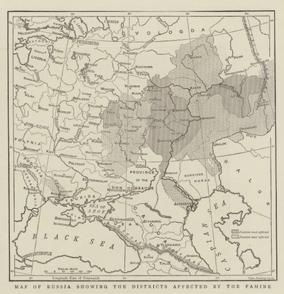 飢饉の影響を受けた地区を示すロシアの地図 作： English School