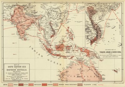 東南アジアと北オーストラリアの地図、中国のトンキン、アンナム、コチンの拡大図（カラーリトグラフ 作： English School