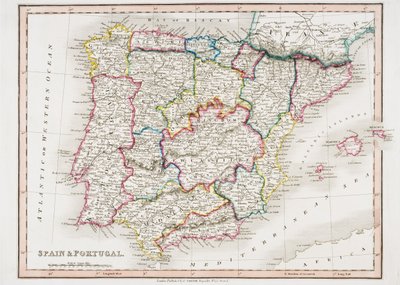 1850年にロンドンのC. Smith Mapsellerによって発行された「Smith&39;s General Atlas」からのスペインとポルトガルの地図（カラーリソ） 作： English School
