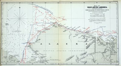 1850年から1854年までのHMS EnterpriseおよびInvestigatorの軌跡を示す西北極アメリカの地図 作： English School
