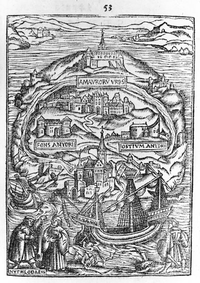 ユートピア島の地図、本の表紙、1563 作： English School