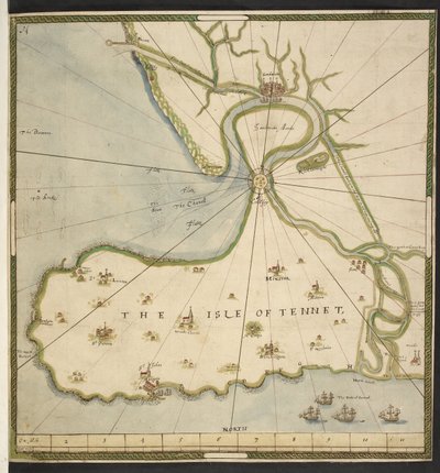 サネット島とサンドイッチ マーシュの地図、1610 年頃のジョン ロジャースの計画に基づく (紙にペン、インク、水彩) 作： English School