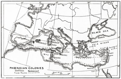 フェニキアの植民地とその地中海交易路の地図 作： English School