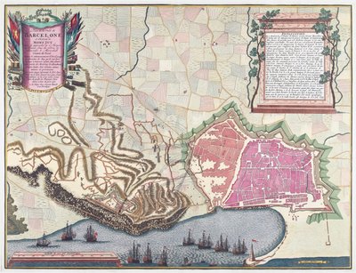 1706年4月のバルセロナ包囲戦の地図（カラーリトグラフ） 作： English School