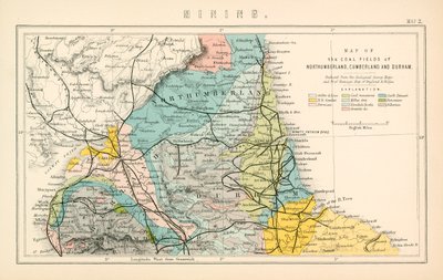 ノーサンバーランド、カンバーランド、ダラムの炭田地図（カラーリトグラフ） 作： English School