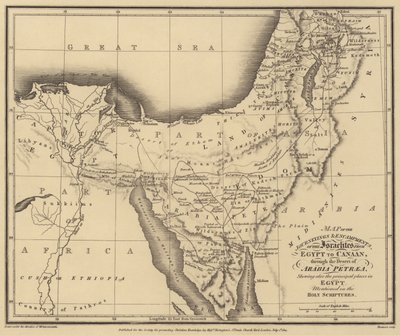 エジプトからカナンに至るイスラエルの民の砂漠の旅と宿営の地図（エングレーヴィング） 作： English School