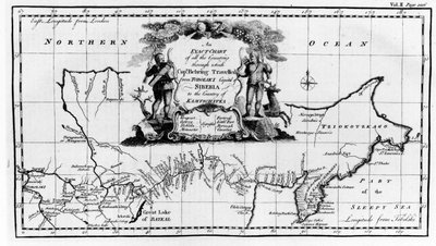 Navigantium atque Itinerantium Bibliothecaが1744年に発行した、Vitus Bering（1681-1741）がシベリアを横切ってカムチャッカまで行くルートの地図 作： English School