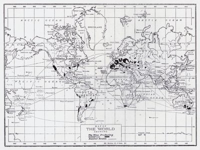 ワイン生産国を示した世界地図（リトグラフ 作： English School