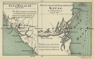 マラバールのエリー王国の位置を示す地図、ティンネヴェリーのカヤールの位置を示すスケッチ（カラーリトグラフ） 作： English School